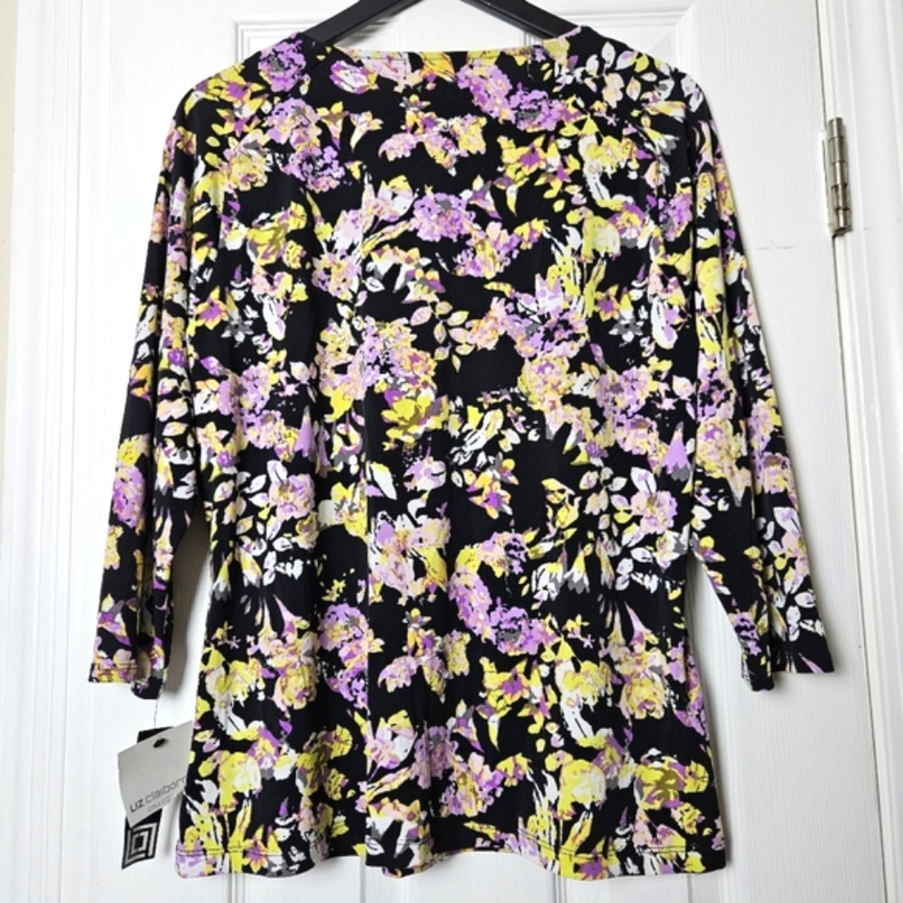 NWT Liz Claiborne black knit top blouse with multicolor orchid floral print XL - Picture 2 of 11